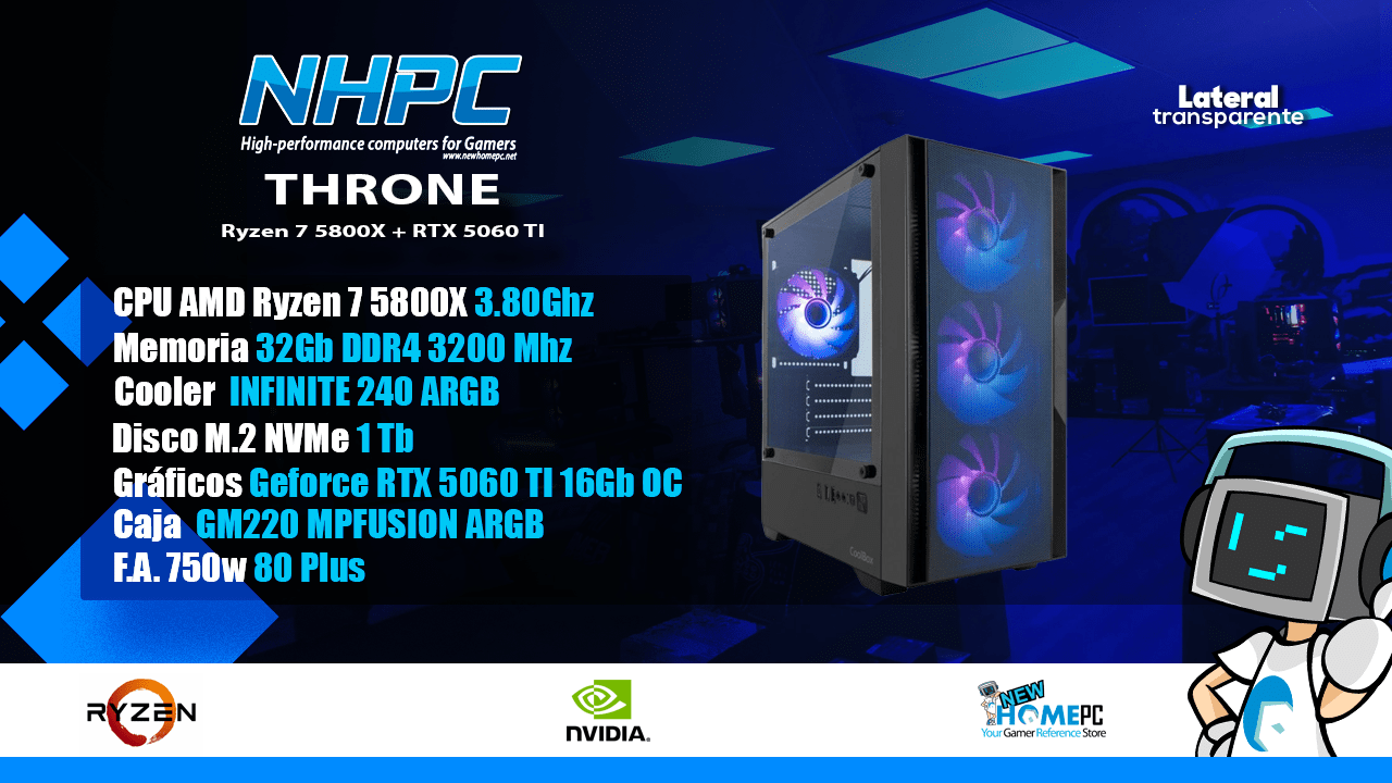 PC NHPC THRONE- Ryzen 7 5800X - RTX 5060 TI - 32Gb - 1TB